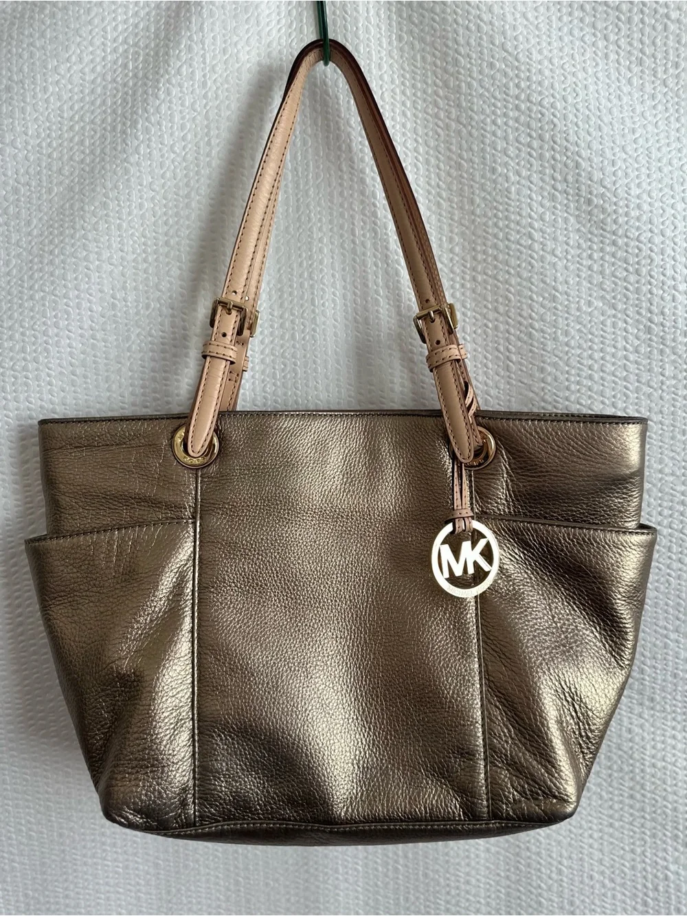 Michael Kors Metallic Bronze Pebbled Leather Tote Shoulder Bag Gold Hardware